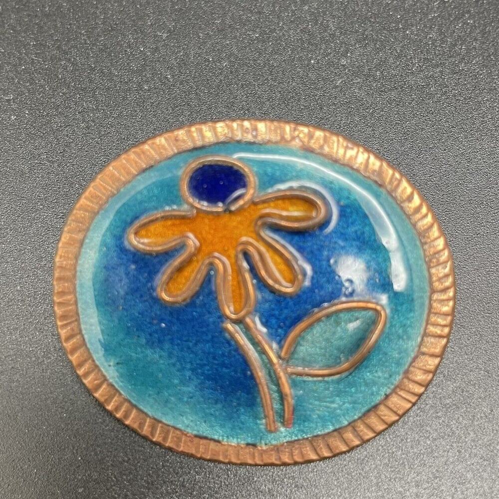 Copper And Enamel Flower Brooch